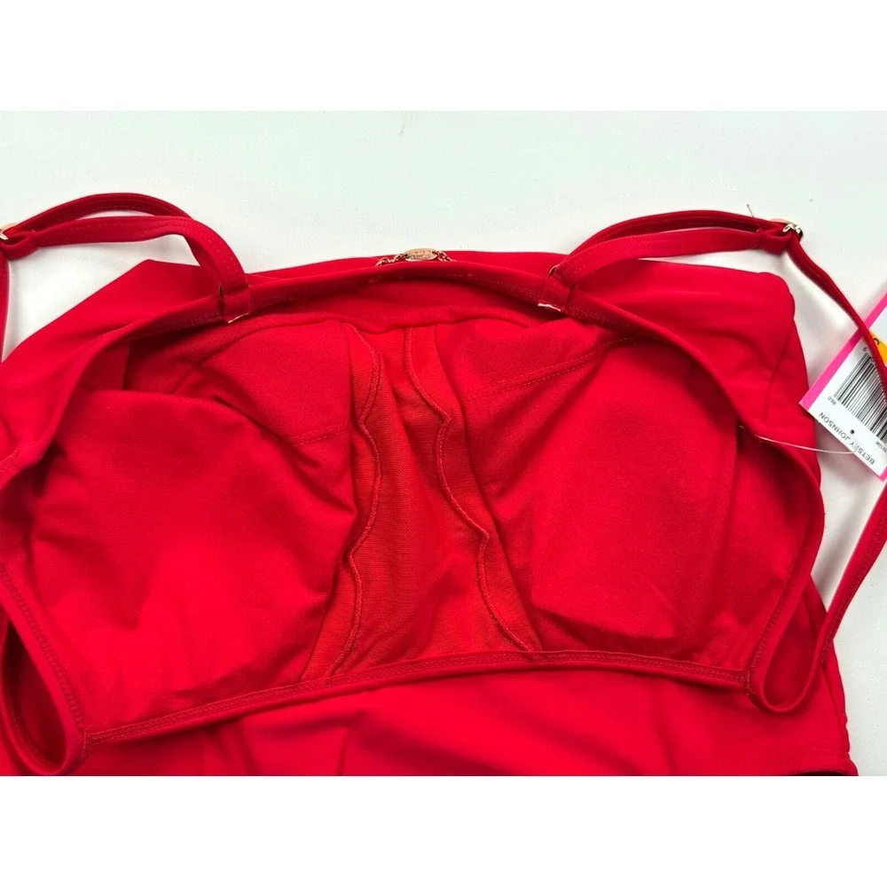 Betsy Johnson One‎ piece Sheer Panel Swim Suit Women S NWT $98 Red Stretch Nylon